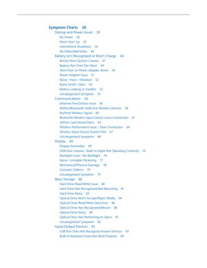 Page 4Symptom Charts 30
Startup and Power Issues  30
No Power 30
Won’t Start Up  33
Intermittent Shutdown  36
No Video/Bad Video 40
Battery Isn’t Recognized or Won’t Charge  44
Kernel Panic/System Crashes 47
Battery Run Time Too Short 49
Won’t Run on Power Adapter Alone  50
Power Adapter Issue 51
Noise / Hum / Vibration  52
Burnt Smell / Odor 54
Battery Leaking or Swollen  55
Uncategorized Symptom 55
Communications 56
Ethernet Port/Device Issue  56
AirPort/Bluetooth: Defective Wireless Devices  58
No/Poor...