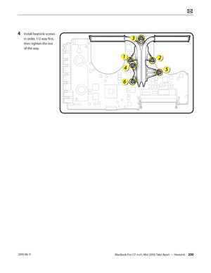 Page 200MacBook Pro (17-inch, Mid 2010) Take Apart — Heatsink 200 2010-06-11
4 Install heatsink screws 
in order, 1/2 way first, 
then tighten the rest 
of the way.  