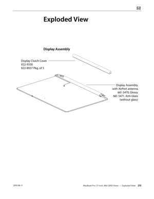 Page 213MacBook Pro (17-inch, Mid 2010) Views — Exploded View 213 2010-06-11
Exploded View
Display Assembly
Display Clutch Cover
922\f9330
922\f893\b Pkg. of 5
Display Assembly,
with AirPort antenna 661-5470, Glossy
661-5471, Anti-Glare (without glass)  