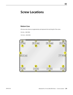 Page 219MacBook Pro (17-inch, Mid 2010) Views — Screw Locations 2192010-03-02
Screw Locations
Bottom Case
All screw sizes shown are approximate and represent the total length of the screw.
3.5 mm = 922-9334
14.3 mm = 922-9432  