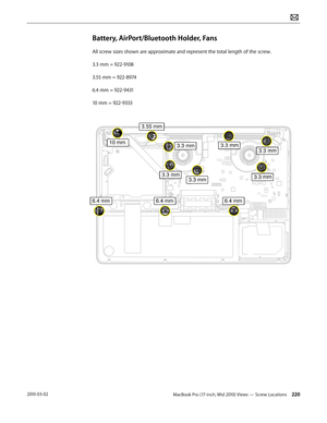 Page 220MacBook Pro (17-inch, Mid 2010) Views — Screw Locations 2202010-03-02
Battery, AirPort/Bluetooth Holder, Fans
All screw sizes shown are approximate and represent the total length of the screw.
3.3 mm = 922-9108
3.55 mm = 922-8974
6.4 mm = 922-9431
10 mm = 922-9333  