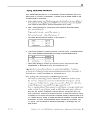 Page 23MacBook Pro (17-inch, Mid 2010) General Troubleshooting — Display Issue: Pixel Anomalies 23 2010-06-11
Display Issue: Pixel Anomalies
When displaying a single color over the screen area, the LCD panel might show one or more 
pixels that are not properly lit. To determine if the display has an acceptable number of pixel 
anomalies, follow the steps below:
1. Set the display image to one of the following colors: all-white, all-red, all-green, all-blue, or 
all-black display. Knowledge Base article 112125:...