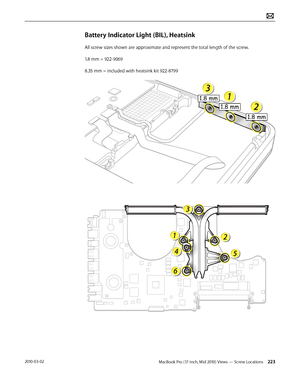 Page 223MacBook Pro (17-inch, Mid 2010) Views — Screw Locations 2232010-03-02
Battery Indicator Light (BIL), Heatsink
All screw sizes shown are approximate and represent the total length of the screw.
1.8 mm = 922-9069
8.35 mm = included with heatsink kit 922-8799  