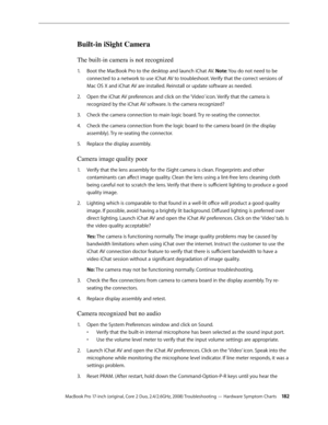 Page 182MacBook Pro 17-inch (original, Core 2 Duo, 2.4/2.6GHz, 2008) Troubleshooting — Hardware Symptom Charts 18 2
Built-in iSight Camera
The built-in camera is not recognized
Boot the MacBook Pro to the desktop and launch iChat AV. 
1.   Note: You do not need to be 
connected to a network to use iChat AV to troubleshoot. Verify that the correct versions of 
Mac OS X and iChat AV are installed. Reinstall or update software as needed.
Open the iChat AV preferences and click on the ‘Video’ icon. Verify that the...