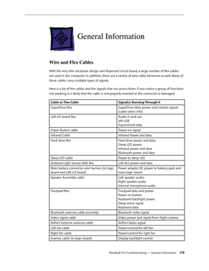 Page 179MacBook Pro Troubleshooting — General Information 17 9
General Information
Wire and Flex Cables
With the very thin enclosure design and dispersed circuit board, a large number of flex cables 
are used in this computer. In addition, there are a variety of wire cable harnesses as well. Many of 
these cables carry multiple types of signals.
Here is a list of the cables and the signals that run across them. If you notice a group of functions 
not working, it is likely that the cable is not properly inserted...