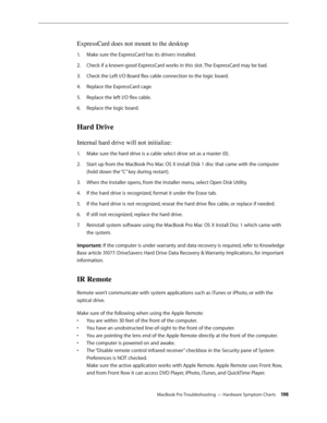 Page 198MacBook Pro Troubleshooting — Hardware Symptom Charts 198
ExpressCard does not mount to the desktop
Make sure the ExpressCard has its drivers installed.
1.  
Check if a known-good ExpressCard works in this slot. The ExpressCard may be bad.
2.  
Check the Left I/O Board flex cable connection to the logic board.
3. 
Replace the ExpressCard cage.
4.  
Replace the left I/O flex cable.
5. 
Replace the logic board.
6.  
Hard Drive
Internal hard drive will not initialize:
Make sure the hard drive is a cable...