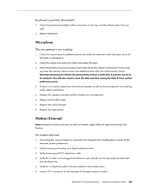 Page 202MacBook Pro Troubleshooting — Hardware Symptom Charts 202
Keyboard is partially illuminated. 
Check the keyboard backlight cable connection to the top case flex if bad replace the top 
1.  
case.
Replace keyboard.
2.  
Microphone
The microphone is not working
Check the Sound system preference pane and verify the selection under the Input tab is for 
1.  
the built-in microphone.
Check the signal level and level meter and adjust the gain.
2.  
Reset PRAM (Press the power button, then hold down the...