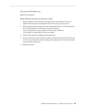 Page 213MacBook Pro Troubleshooting — Hardware Symptom Charts 213
Feet came off the bottom case
Replace the missing foot.
Sleep LED does not come on when lid is closed
Put the computer to sleep using the menu option. If the sleep LED goes on, there is a 
1.  
problem with sensing the closed display. If the LED does not go on, skip to step 3.
With the display housing removed, check the sleep magnet location on the LCD panel: (See 
2.  
the LCD Panel chapter in the Take Apart section of this manual.) 
• If it is...