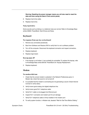 Page 141
 

PowerBook G4 (12-inch 1.33 GHz) Troubleshooting
 Symptom Charts
 
Warning: Resetting the power manager means you will also need to reset the 
date and time (using the Date & Time control panel).
 
8. Replace hard drive cable.
9. Replace hard drive.
 
Noisy hard drive
 
Some sounds such as ticking or a rotational noise are normal. Refer to Knowledge Base 
article 30593: PowerBook: Hard Drives and Noise.
 
Keyboard
 
No response from any key on keyboard
 
1. Remove any connected peripherals.
2. Boot...