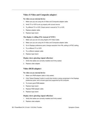 Page 148
 

12 - 
 
PowerBook G4 (12-inch 1.33 GHz) Trouble- Symptom Charts
 
Video (S-Video and Composite adapter)
 
No video on an external device
 
1. Make sure you are using the S-Video and Composite adapter cable.
2. Verify TV or VCR is set up properly with correct source.
3. Try different TV or VCR. Check owner’s manual for TV or VCR.
4. Replace adapter cable.
5. Replace logic board. 
 
The display is rolling (PAL instead of NTSC)
 
1. Make sure you are not using Apples A/V Video Cable.
2. Make sure you...