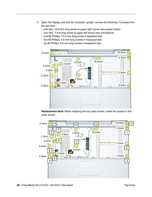 Page 2826 - PowerBook G4 (12-inch 1.33 GHz) Take Apart
 Top Case 3. Open the display, and with the computer upright, remove the following 14 screws from 
the top case:
• one Hex, 16.5-mm long screw at upper right corner near power button
• one Hex, 7-mm long screw at upper left corner near microphone
• one #0 Phillips, 14.5-mm long screw in keyboard well
• five #0 Phillips, 4.5-mm long screws in keyboard well
• six #0 Phillips, 2.5-mm long screws in keyboard well
Replacement Note:
 When replacing the top case...