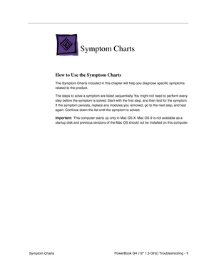 Page 147 
PowerBook G4 (12 1.5 GHz) Troubleshooting - 
 
1
 
 Symptom Charts
 
Symptom Charts
 
How to Use the Symptom Charts
 
The Symptom Charts included in this chapter will help you diagnose speciﬁc symptoms 
related to the product. 
The steps to solve a symptom are listed sequentially. You might not need to perform every 
step before the symptom is solved. Start with the ﬁrst step, and then test for the symptom. 
If the symptom persists, replace any modules you removed, go to the next step, and test 
again....