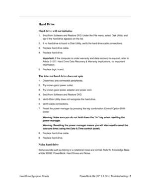 Page 153 
PowerBook G4 (12 1.5 GHz) Troubleshooting - 
 
7
 
Hard Drive Symptom Charts
 
Hard Drive
 
Hard drive will not initialize
 
1. Boot from Software and Restore DVD. Under the File menu, select Disk Utility, and see if the hard drive appears on the list.
2. If no hard drive is found in Disk Utility, verify the hard drive cable connections.
3. Replace hard drive cable.
4. Replace hard drive.
 
Important:
 
 If the computer is under warranty and data recovery is required, refer \
to 
Article 31077: Hard...