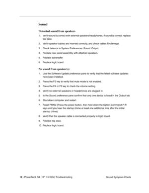 Page 158 
12 - 
 
PowerBook G4 (12 1.5 GHz) TroubleshootingSound Symptom Charts
 
Sound
 
Distorted sound from speakers
 
1. Verify sound is correct with external speakers/headphones. If sound is correct, replace 
top case.
2. Verify speaker cables are inserted correctly, and check cables for damage.
3. Check balance in System Preferences: Sound: Output.
4. Replace rear panel assembly with attached speakers. 
5. Replace subwoofer. 
6. Replace logic board.
 
No sound from speaker(s)
 
1. Use the Software Update...