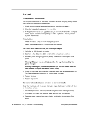 Page 164 
18 - 
 
PowerBook G4 (12 1.5 GHz) TroubleshootingTrackpad Symptom Charts
 
Trackpad
 
Trackpad works intermittently
 
The trackpad operation can be affected by hand lotion, humidity, dangling jewelry, and the 
use of more than one ﬁnger on the trackpad. 
1. Check for environmental factors such as humidity, hand lotion, or jewelry.
2. Clean the trackpad with a clean, dry lint-free cloth. 
3.
 
If the pointer moves as you type because you accidentally brush the trac\
kpad, 
select Ignore accidental...