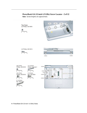 Page 175 
4 - 
 
PowerBook G4 (12-inch 1.5 GHz) Views
 
PowerBook G4 (12-inch 1.5 GHz) Screw Locator - 2 of 12
 
Note:
 
 
 
 Screw lengths are approximate.
 
 
2mm2mm2mm
5.5mm5.5mm
Top Case(3) Phillips, 922-6655
5
10
0
5 10
0
5 10
0
5 10
0
5 10
0
(2) Phillips, 922-5914
(6) 2.5mm
Phillips, 922-5910 (1) 14.5mm
Phillips, 922-5917
(5) 4.5mm
Phillips, 922-5913
(1) 16.5mm
Hex, 922-5923
5 10
0
(1) 6.5mm
Hex, 922-5924
5 10
0
6.5mm16.5mm
2.5mm
2.5mm
2.5mm
2.5mm
2.5mm
2.5mm
4.5mm4.5mm
4.5mm4.5mm
4.5mm
14.5mm 