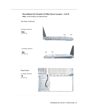 Page 176 
PowerBook G4 (12-inch 1.5 GHz) Views - 
 
5
 
 
 
PowerBook G4 (12-inch 1.5 GHz) Screw Locator - 3 of 12
 
Note:
 
 
 
 Screw lengths are approximate.
 
 
5mm 5mm
510
0
5 10
0
Reed Switch
(1) Phillips, 922-5910 (2) Phillips, 922-6410
3mm 3mm
(2) Phillips, 922-6411
5 10
0
Top Case, continued
2mm 