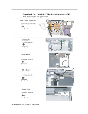 Page 181 
10 - 
 
PowerBook G4 (12-inch 1.5 GHz) Views
 
PowerBook G4 (12-inch 1.5 GHz) Screw Locator - 8 of 12
 
Note:
 
 
 
 Screw lengths are approximate.
 
 
Logic Board
(2) Phillips, 922-5913
                   
510
0
Sleep Light
(1) Phillips, 922-5911
5 10
0
DC-In Board
(1) Phillips, 922-5911
5 10
0
Optical Drive
(2) Phillips, 922-5916
5 10
0
(3) 4mm Phillips, 922-6656
5 10
0
Inner Frame, continued 