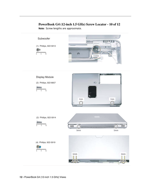 Page 183 
12 - 
 
PowerBook G4 (12-inch 1.5 GHz) Views
 
PowerBook G4 (12-inch 1.5 GHz) Screw Locator - 10 of 12
 
Note:
 
 
 
 Screw lengths are approximate.
 
 
Display Module
(2)  Phillips, 922-6657
510
0
Subwoofer
5 10
0
(1)  Phillips, 922-5913 
(2)  Phillips, 922-5914
(4)  Phillips, 922-5919
5 10
0
5 10
0 