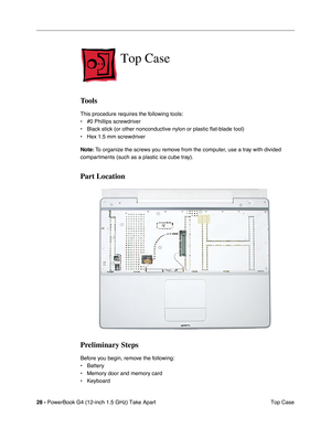 Page 3028 - PowerBook G4 (12-inch 1.5 GHz) Take Apart
 Top Case
Top Case
Tools
This procedure requires the following tools:
• #0 Phillips screwdriver 
• Black stick (or other nonconductive nylon or plastic flat-blade tool) \
• Hex 1.5 mm screwdriver 
Note: To organize the screws you remove from the computer, use a tray with divided 
compartments (such as a plastic ice cube tray).
Part Location
Preliminary Steps
Before you begin, remove the following:
• Battery
• Memory door and memory card
• Keyboard 