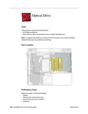 Page 102100 - PowerBook G4 (12-inch) Take Apart
 Optical Drive
Optical Drive
Tools
This procedure requires the following tools:
• #0 Phillips screwdriver 
• Black stick (or other nonconductive nylon or plastic flat-blade tool) 
Note: To organize the screws you remove from the computer, use a tray with divided 
compartments (such as a plastic ice cube tray).
Part Location
Preliminary Steps
Before you begin, remove the following:
• Battery
• Memory door and memory card
• AirPort Extreme Card, if installed
• Keyboard 