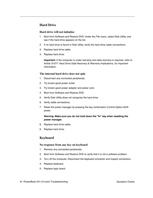 Page 156
 

4 - 
 
PowerBook G4 (12-inch) Troubleshooting Symptom Charts
 
Hard Drive
 
Hard drive will not initialize
 
1. Boot from Software and Restore DVD. Under the File menu, select Disk Utility, and 
see if the hard drive appears on the list.
2. If no hard drive is found in Disk Utility, verify the hard drive cable connections.
3. Replace hard drive cable.
4. Replace hard drive.
 
Important:
 
 If the computer is under warranty and data recovery is required, refer \
to 
Article 31077: Hard Drive Data...
