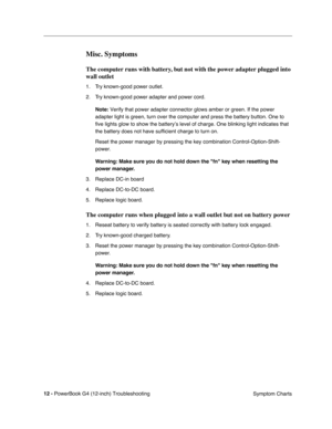 Page 164
 

12 - 
 
PowerBook G4 (12-inch) Troubleshooting Symptom Charts
 
Misc. Symptoms
 
The computer runs with battery, but not with the power adapter plugged into 
wall outlet
 
1. Try known-good power outlet. 
2. Try known-good power adapter and power cord. 
 
Note:
 
 Verify that power adapter connector glows amber or green. If the power \
adapter light is green, turn over the computer and press the battery but\
ton. One to 
five lights glow to show the battery’s level of charge. One blinking \
light...