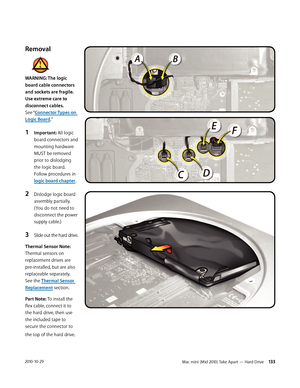 Page 133Mac mini (Mid 2010) Take Apart — Hard Drive 1332010-10-29
Removal
WARNING: The logic 
board cable connectors 
and sockets are fragile. 
Use extreme care to 
disconnect cables.  
See “Connector Types on 
Logic Board.”
1 Important: All logic 
board connectors and 
mounting hardware 
MUST be removed 
prior to dislodging 
the logic board. 
Follow procedures in 
logic board chapter. 
2 Dislodge logic board 
assembly partially. 
(You do not need to 
disconnect the power 
supply cable.)
3 Slide out the hard...