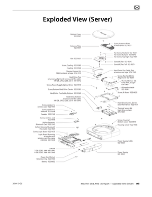 Page 148Mac mini (Mid 2010) Take Apart — Exploded View (Server) 1482010-10-25
Exploded View (Server)
Logic Board Assemblyw/speaker and
wireless card flex cable 2.66 GHz  661-5648
Power Cord Socket
Retention Clip  922-9569 Speaker  922-9562
AirPort Extreme/Bluetooth Flex Cable  922-9601AirPort Extreme/
Bluetooth Card  922-5545
Cowling  922-9568
Screw, Cowling  922-9580
Fan  922-9557
Antenna Plate
922-9564
Bottom Cover922-9567
Hard Drive, Top
w/sensors, alignment screws, and flex cable 500 GB, SATA, 7200, 2.5-in...