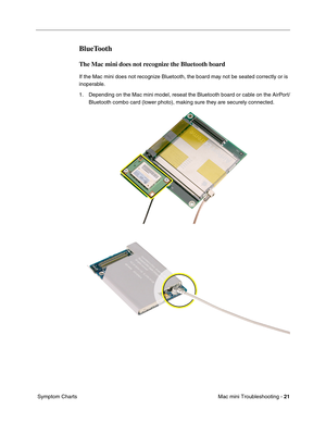 Page 150
Mac mini Troubleshooting - 21
 Symptom Charts
BlueTooth
The Mac mini does not recognize the Bluetooth board 
If the Mac mini does not recognize Bluetooth, the board may not be seated correctly or is 
inoperable.
1. Depending on the Mac mini model, reseat the Bluetooth board or cable on the AirPort/
Bluetooth combo card (lower photo), making sure they are securely connected. 
