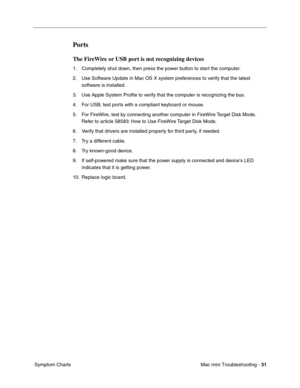 Page 160
Mac mini Troubleshooting - 31
 Symptom Charts
Ports
The FireWire or USB port is not recognizing devices
1. Completely shut down, then press the power button to start the computer.
2. Use Software Update in Mac OS X system preferences to verify that the latest 
software is installed.
3. Use Apple System Proﬁle to verify that the computer is recognizing the bus.
4. For USB, test ports with a compliant keyboard or mouse.
5. For FireWire, test by connecting another computer in FireWire Target Disk Mode....