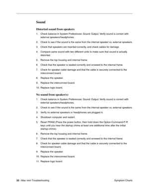 Page 161
32 - Mac mini Troubleshooting
 Symptom Charts
Sound
Distorted sound from speakers
1. Check balance in System Preferences: Sound: Output. Verify sound is correct with 
external speakers/headphones.
2. Check to see if the sound is the same from the internal speaker vs. external speakers.
3. Check that speakers are inserted correctly, and check cables for damage.
4. Compare same sound with two different units to make sure that sound is actually  distorted.
5. Remove the top housing and internal frame.
6....