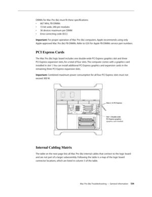 Page 134Mac Pro (8x) Troubleshooting — General Information 134
DIMMs for Mac Pro (8x) must fit these specifications:
667 MHz, FB-DIMMs• 
72-bit wide, 240-pin modules• 
36 devices maximum per DIMM• 
Error-correcting code (ECC)• 
Important: For proper operation of Mac Pro (8x) computers, Apple recommends using only 
Apple-approved Mac Pro (8x) FB-DIMMs. Refer to GSX for Apple FB-DIMMs service part numbers.
PCI Express Cards
The Mac Pro (8x) logic board includes one double-wide PCI Express graphics slot and three...