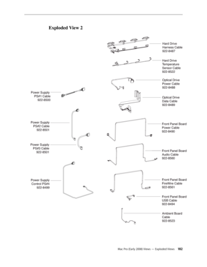 Page 182Mac Pro (Early 2008) Views — Exploded Views 18 2
Exploded View 2
Hard Drive
Harness Cable
922-8487
Hard Drive
Te mperature
Sensor Cable
922-8522
Optical Driv e
Power Cable
922-8488
Power Supply  
PS#1 Cable 922-8500
Power Supply PS#2 Cable 922-8501
Power SupplyPS#3 Cable 922-8501
Power SupplyControl PS# 4
922-8499
Optical Driv e
Data Cable
922-8489
Front Panel Board
Power Cable
922-8490
Front Panel Boar d
Audio Cable
922-856 0
Front Panel Boar d
FireWire Cable
922-856 1
Front Panel Board
USB Cable...