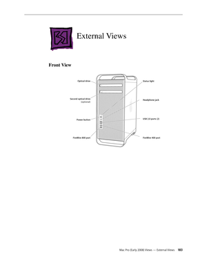 Page 183Mac Pro (Early 2008) Views — External Views 18 3
External Views
Front View
Optical driveHeadphone jack Status light
Power button FireWire 400 port
FireWire 800 port
Second optical drive
(optional)
USB 2.0 ports (2) 