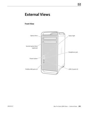 Page 203Mac Pro (Early 2009) Views — External Views 203 2010-09-27
External Views
Front View
Optical driveHeadphone jackStat\fs light
Po\ber b\ftton
FireWire 800 ports\S (2)
Second optical driv\Se (optional)
USB 2.0 ports (2)  