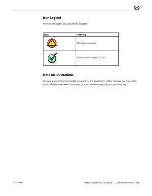 Page 118Mac Pro (Mid 2010) Take Apart — General Information 118 2010-12-06
Icon Legend
The following icons are used in this chapter:
IconMeaning
Warning or caution
Check; make sure you do this
Note on Illustrations
Because a pre-production model was used for the illustrations in this manual, you may notice 
small differences between the image pictured and the computer you are servicing.  