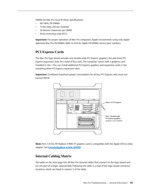 Page 141Mac Pro Troubleshooting — General Information 141
DIMMs for Mac Pro must fit these specifications:
667 MHz, FB-DIMMs• 
72-bit wide, 240-pin modules• 
36 devices maximum per DIMM• 
Error-correcting code (ECC)• 
Important: For proper operation of Mac Pro computers, Apple recommends using only Apple-
approved Mac Pro FB-DIMMs. Refer to GSX for Apple FB-DIMMs service part numbers.
PCI Express Cards
The Mac Pro logic board includes one double-wide PCI Express graphics slot and three PCI 
Express expansion...