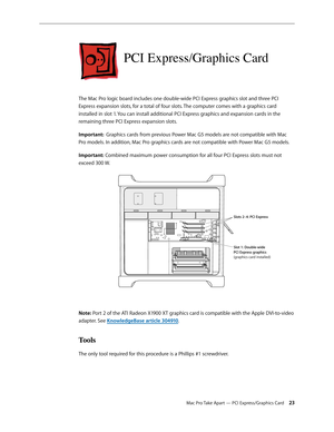 Page 23Mac Pro Take Apart — PCI Express/Graphics Card 23
PCI Express/Graphics Card
The Mac Pro logic board includes one double-wide PCI Express graphics slot and three PCI 
Express expansion slots, for a total of four slots. The computer comes with a graphics card 
installed in slot 1. You can install additional PCI Express graphics and expansion cards in the 
remaining three PCI Express expansion slots.
Important:  Graphics cards from previous Power Mac G5 models are not compatible with Mac 
Pro models. In...