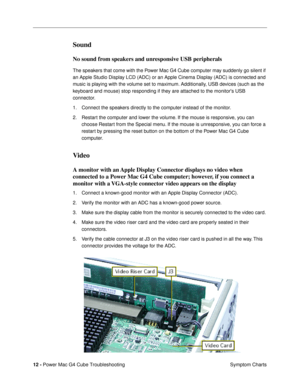 Page 114 
12 -  
Power Mac G4 Cube Troubleshooting
 Symptom Charts 
Sound
 
No sound from speakers and unresponsive USB peripherals
 
The speakers that come with the Power Mac G4 Cube computer may suddenly go silent if 
an Apple Studio Display LCD (ADC) or an Apple Cinema Display (ADC) is connected and 
music is playing with the volume set to maximum. Additionally, USB devices (such as the 
keyboard and mouse) stop responding if they are attached to the monitors USB 
connector. 
1. Connect the speakers directly...