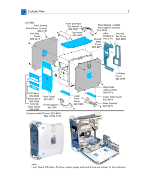 Page 277 
 Exploded View 2
Front Panel
922-3973  Left Side 
Panel
922-3974
Right Side 
Access Panel  
922-3975	I/O Panel
Cover
922-3978
Lower 
Front 
Panel 
922-3980Lower Rear Panel 
922-3979
Front Support
922-3971Rear Support
922-3970 Top Panel
 922-3976
Security 
Bar Cover
922-3693 	 Front and Rear 
Top Handle
922-3981
Vented 
Rear 
Panel 
922-3977
 Allen Screws Handles
 and Supports (typical)
922-3759 
Allen 
Screws (3)
922-3760   Allen Screws 
Side Panels (typical) 
922-3761 
Enclosure with Chassis 922-4045...