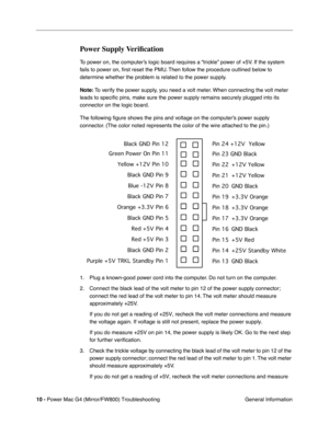 Page 124
 
10 -   
Power Mac G4 (Mirror/FW800) Troubleshooting  General Information 
Power Supply Veriﬁcation
 
To power on, the computer’s logic board requires a “trickle” power of +5V. If the system 
fails to power on,  ﬁrst reset the PMU. Then follow the procedure outlined below to 
determine whether the problem is related to the power supply.  
Note:  
 To verify the power supply, you need a volt meter. When connecting the volt meter 
leads to speci ﬁc pins, make sure the power supply remains securely...