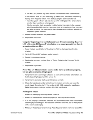 Page 129
 
Power Mac G4 (Mirror/FW800) Troubleshooting -   
15
 
 Symptom Charts • If in Mac OS 9, remove any items from the Servers folder in the System F\
older.
If that does not work, of if you are starting up in Mac OS X, turn off t\
he computer by 
holding down the power button. Then start up using the Software Install \
CD.
• Insert the system software CD and start up while holding down the C key.\
 (Make 
sure the Caps Lock key is not engaged.)
• After the computer starts up, see the troubleshooting...