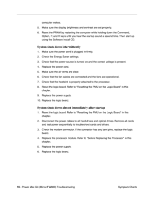 Page 130
 
16 -   
Power Mac G4 (Mirror/FW800) Troubleshooting  Symptom Charts
computer wakes.
5. Make sure the display brightness and contrast are set properly. 
6. Reset the PRAM by restarting the computer while holding down the Command,  Option, P, and R keys until you hear the startup sound a second time. Then start up 
using the Software Install CD. 
System shuts down intermittently
 
1. Make sure the power cord is plugged in  ﬁrmly.
2. Check the Energy Saver settings.
3. Check that the power source is...