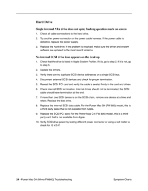 Page 138
24 - Power Mac G4 (Mirror/FW800) Troubleshooting
 Symptom Charts
Hard Drive
Single internal ATA drive does not spin; ﬂashing question mark on screen
1. Check all cable connections to the hard drive.
2. Try another power connector on the power cable harness. If the power cable is 
defective, replace the power supply.
3. Replace the hard drive. If the problem is resolved, make sure the driver and system  software are updated to the most recent versions.
No internal SCSI drive icon appears on the desktop...