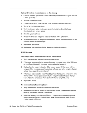 Page 142
28 - Power Mac G4 (Mirror/FW800) Troubleshooting
 Symptom Charts
Optical drive icon does not appear on the desktop
1. Check to see if the optical drive is listed in Apple System Proﬁler. If it is, go to step 2. If 
it is not, go to step 7.
2. Try using a known-good disc.
3. If there is a disc stuck in the tray, refer to the symptom Unable to eject disc. 
4. Turn off all third-party extensions.
5. Verify the  ﬁrmware is the most recent version for that drive. Check Software 
Downloads for any current...