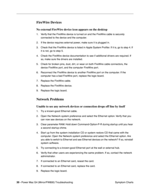 Page 144
30 - Power Mac G4 (Mirror/FW800) Troubleshooting
 Symptom Charts
FireWire Devices
No external FireWire device icon appears on the desktop
1. Verify that the FireWire device is turned on and the FireWire cable is securely 
connected to the device and the computer.
2. If the device requires external power, make sure it is plugged in.
3. Check that the FireWire device is listed in Apple System Pro ﬁler. If it is, go to step 4. If 
it is not, go to step 5.
4. Check the FireWire device documentation to see...