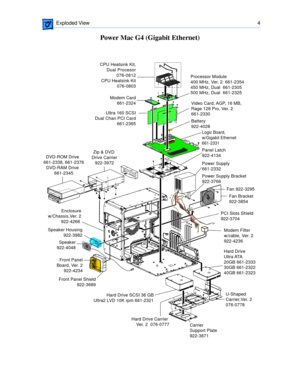 Page 279 
 Exploded View 4 
Power Mac G4 (Gigabit Ethernet)  
Logic Board,
w/Gigabit Ethernet
661-2331
CPU Heatsink Kit
076-0803 CPU Heatsink Kit,
Dual Procesor
076-0812
Processor Module
400 MHz, Ver. 2  661-2354 
450 MHz, Dual  661-2305
500 MHz, Dual  661-2325
Power Supply
661-2332 Video Card, AGP, 16 MB,
Rage 128 Pro, Ver. 2
661-2330
Front Panel
Board, Ver. 2
922-4234 Enclosure
 w/Chassis,Ver. 2
922-4268 Fan Bracket 
922-3854 Fan 922-3295
Speaker Housing 
922-3982	
Speaker
922-4048Power Supply Bracket...