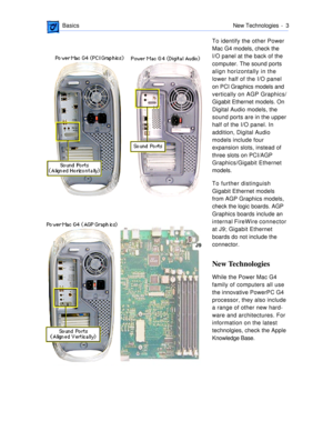 Page 5 
 BasicsNew Technologies -  3 
To identify the other Power 
Mac G4 models, check the 
I/O panel at the back of the 
computer. The sound ports 
align horizontally in the 
lower half of the I/O panel 
on PCI Graphics models and 
vertically on AGP Graphics/
Gigabit Ethernet models. On 
Digital Audio models, the 
sound ports are in the upper 
half of the I/O panel. In 
addition, Digital Audio 
models include four 
expansion slots, instead of 
three slots on PCI/AGP 
Graphics/Gigabit Ethernet 
models.
To...