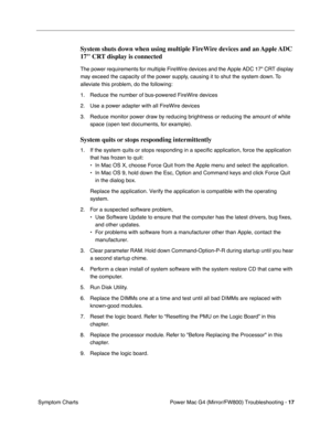 Page 131
 
Power Mac G4 (Mirror/FW800) Troubleshooting -   
17
 
 Symptom Charts 
System shuts down when using multiple FireWire devices and an Apple ADC 
17 CRT display is connected
 
The power requirements for multiple FireWire devices and the Apple ADC 17 CRT display 
may exceed the capacity of the power supply, causing it to shut the system down. To 
alleviate this problem, do the following: 
1. Reduce the number of bus-powered FireWire devices 
2. Use a power adapter with all FireWire devices 
3. Reduce...